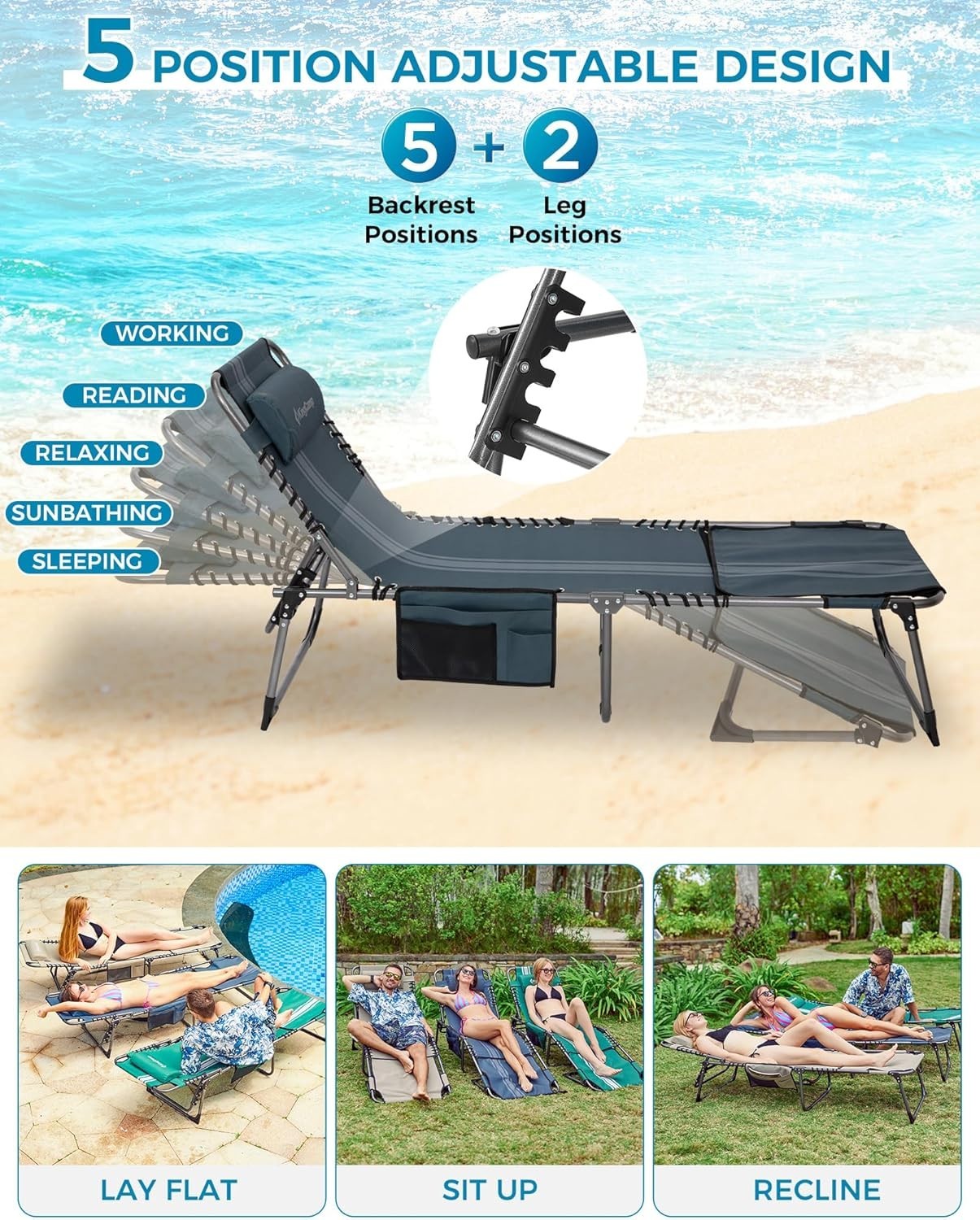 Sun Lounger Recliner Chair 5 Position Foldable with Face Hole for Garden