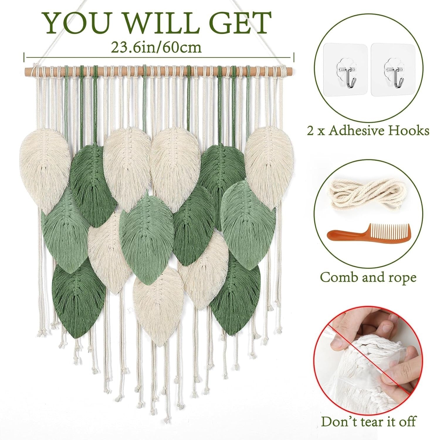 Medium Macrame Wall Hanging Boho Leaf Woven Tapestry 60x75cm