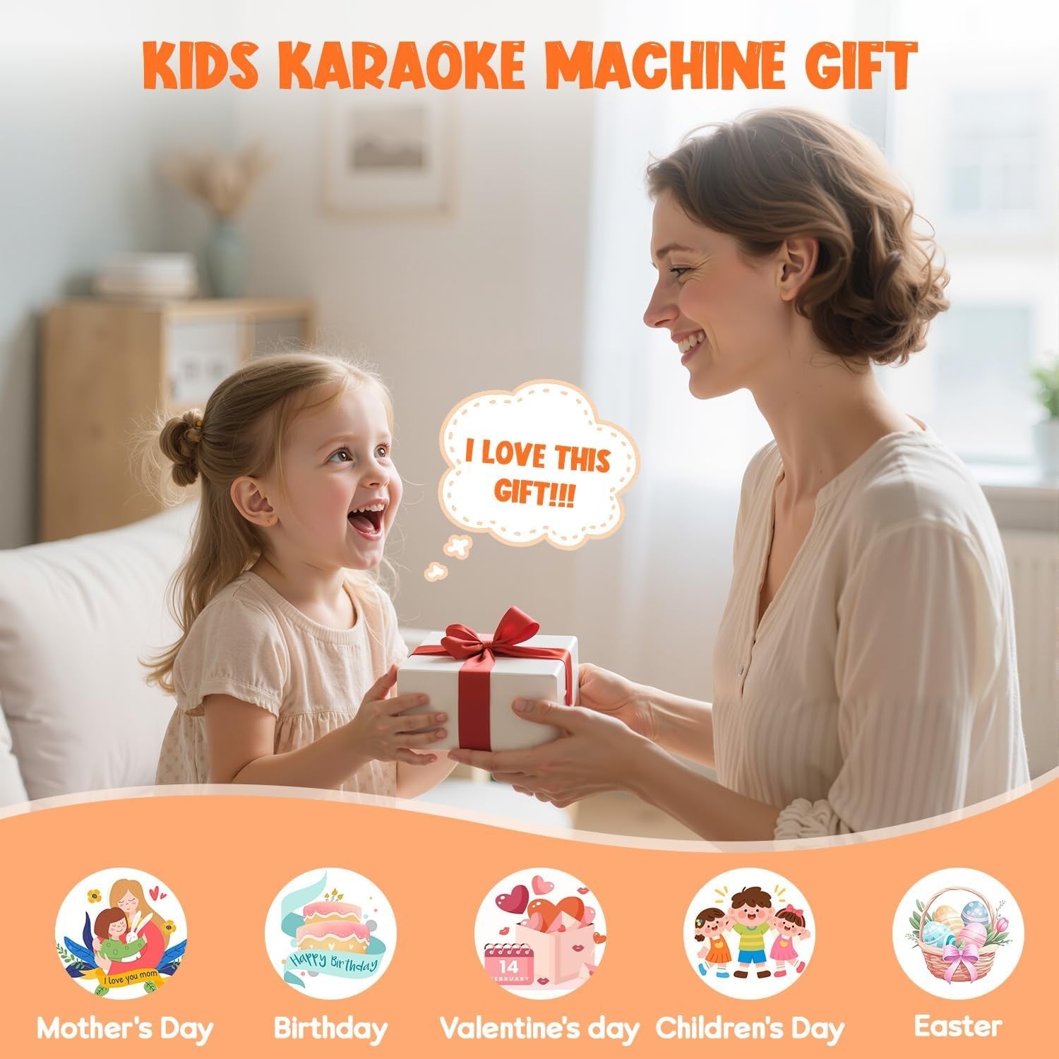 Kids Karaoke Machine 2 Mics Bluetooth LED Party Speaker Orange