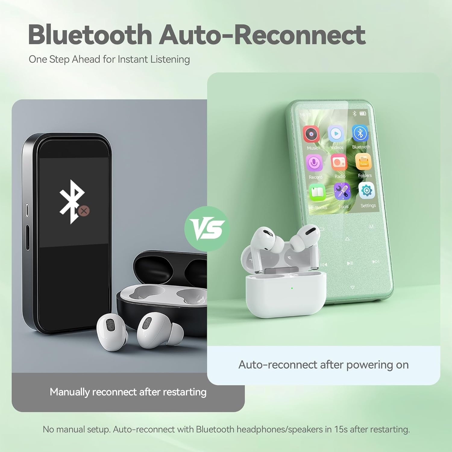 64GB Bluetooth 5.3 MP3 Player 2.4" Screen FM Radio Speaker Green