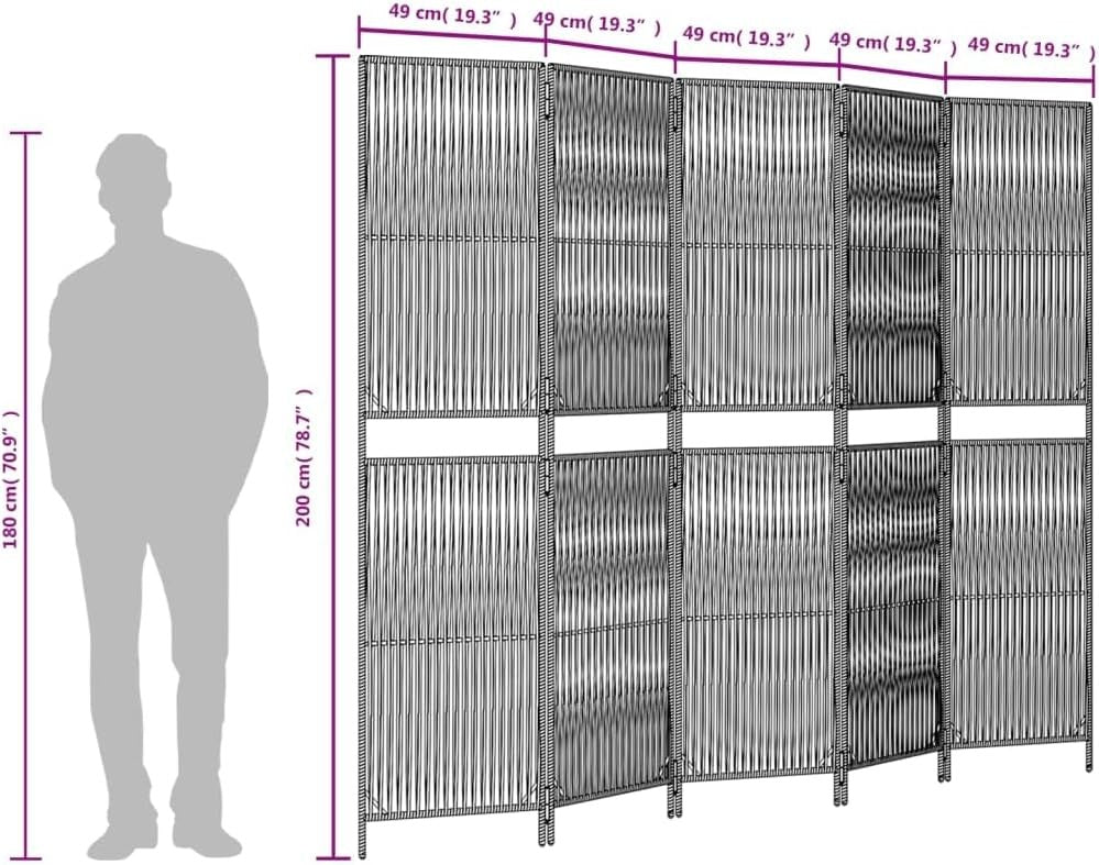 5 Panel Grey Rattan Folding Room Divider – Indoor Outdoor Privacy Screen 180cm F