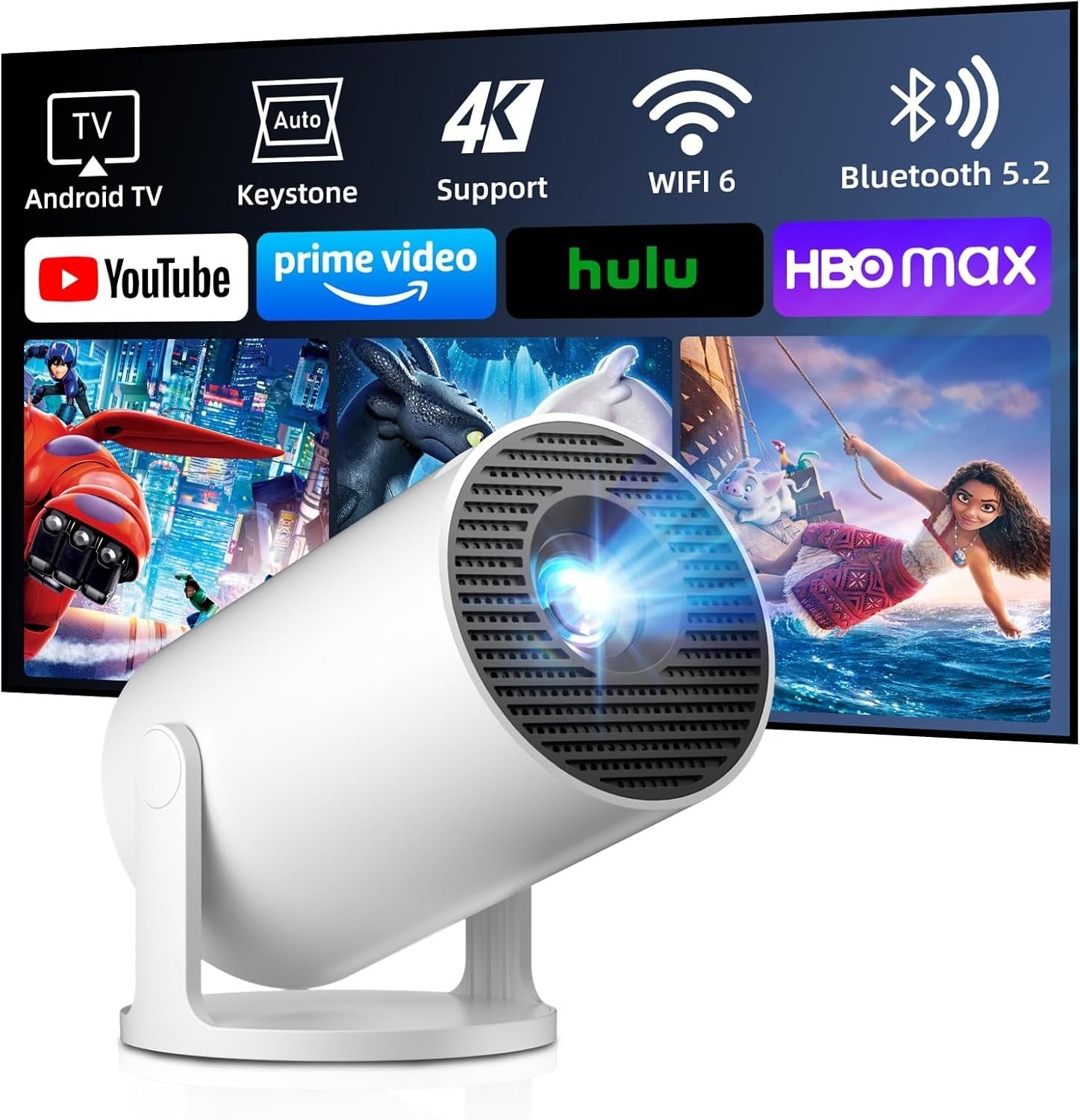 Smart Mini Projector WiFi 6 Bluetooth Auto Keystone Short Throw 150"