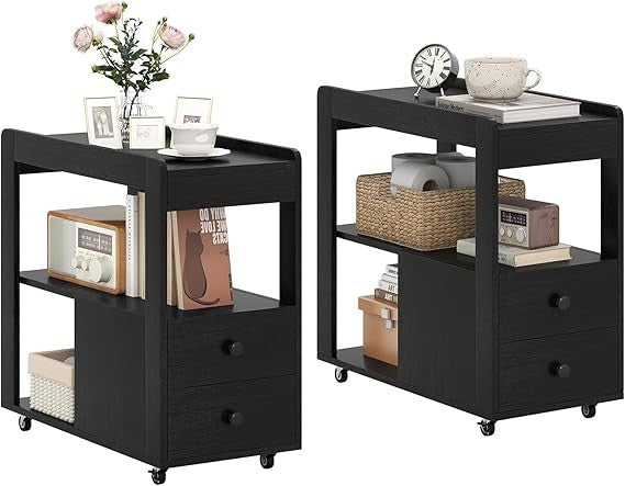 Slim Rolling Bedside Table with Drawers & Shelves – Modern 3-Tier Nightstand