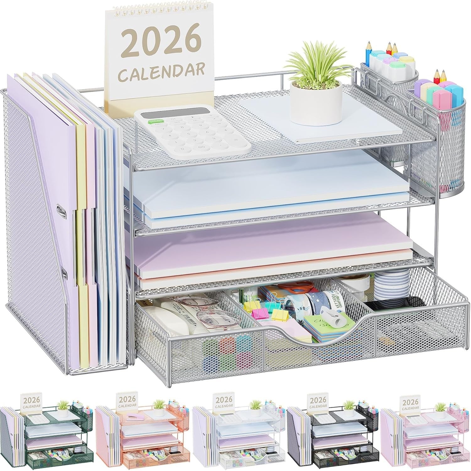 4-Tier Desk Organizer Metal File Holder Drawer Pen Storage Grey