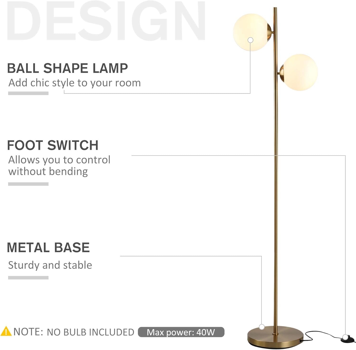 2 Light Gold Floor Lamp Modern Globe Standing Lamp Living Room Bedroom