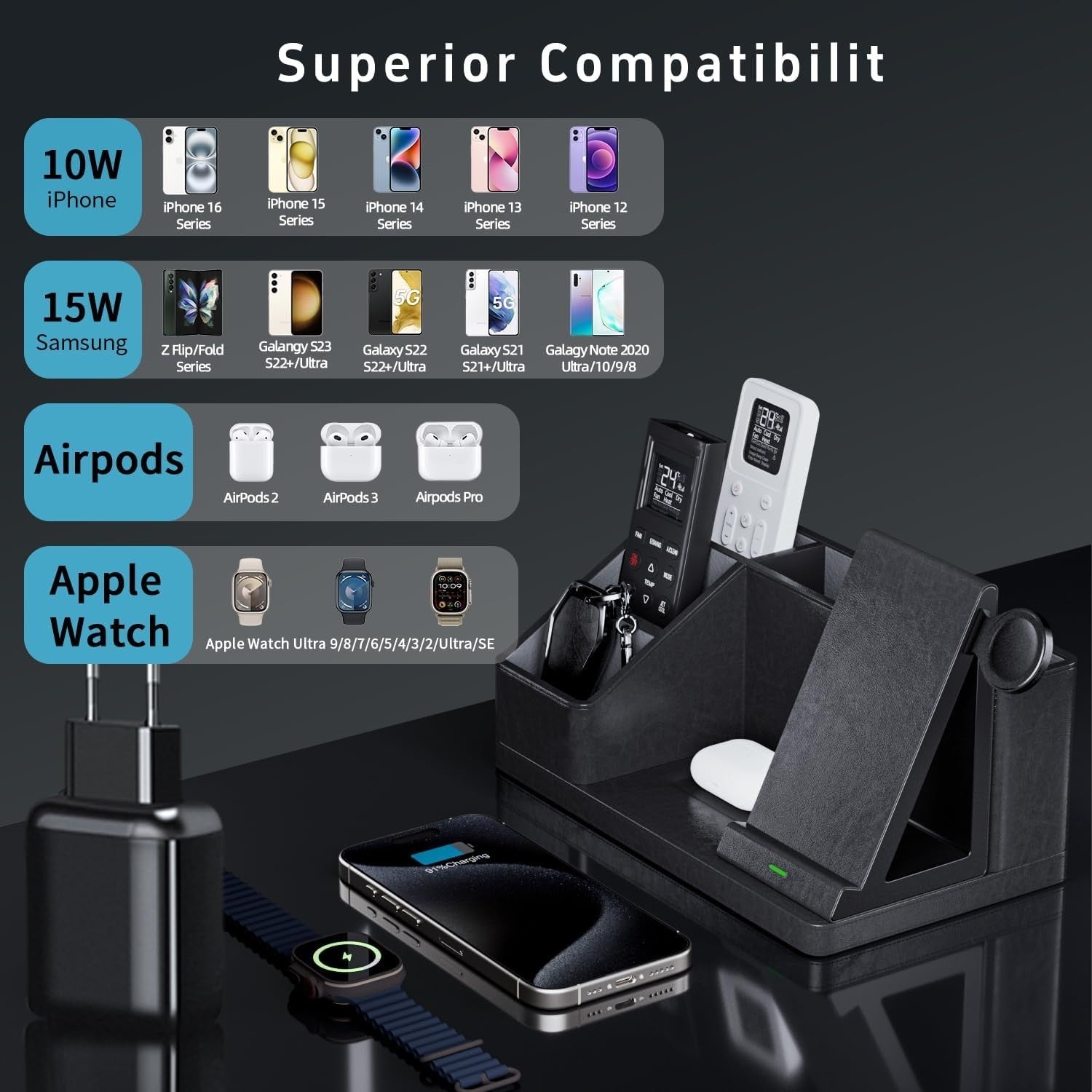 3-in-1 Wireless Desk Organiser with Fast Charger – Pen & Phone Station