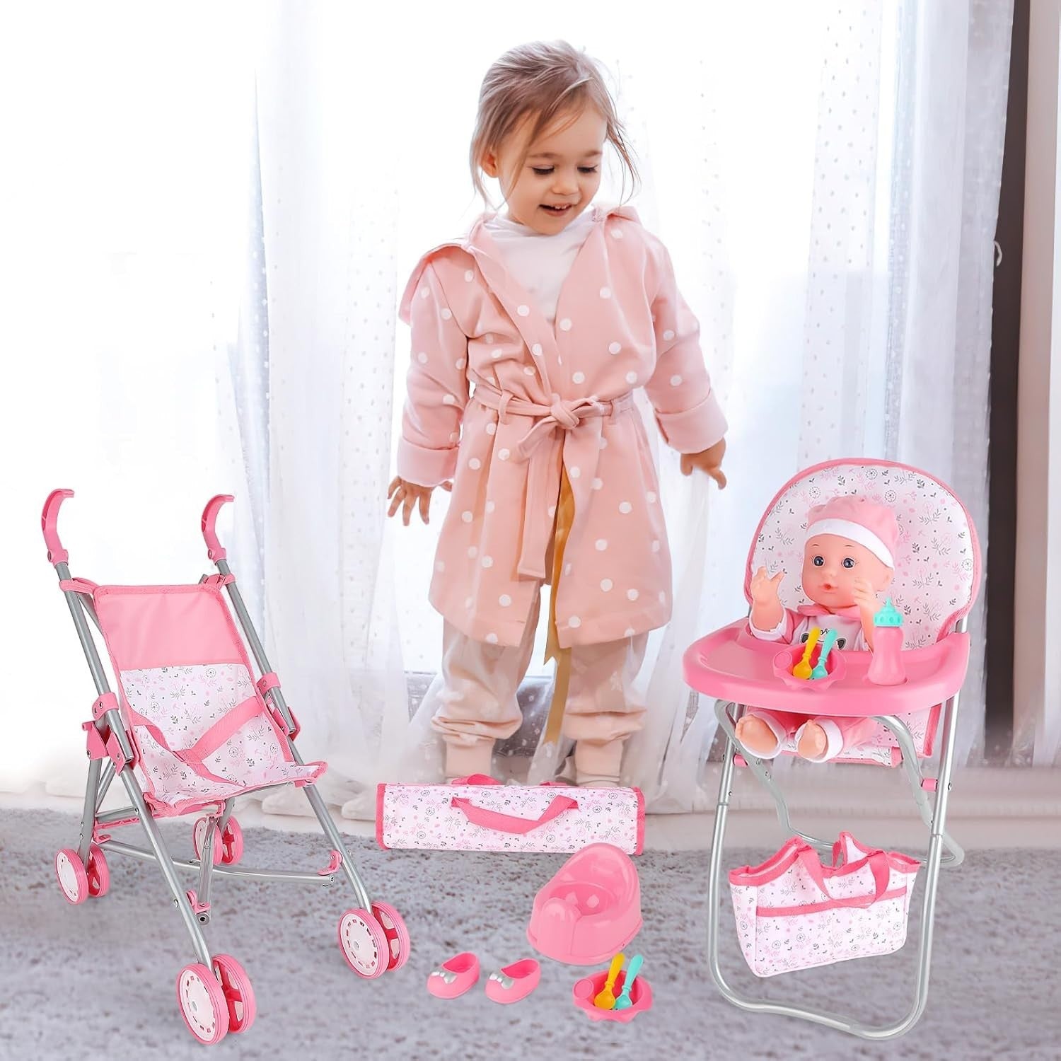 Baby Doll Stroller Playset Foldable Pram Cot Highchair Accessories