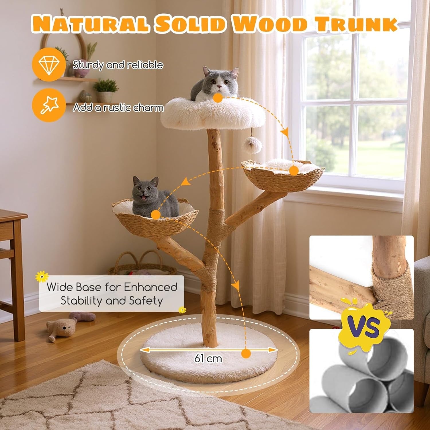 122cm Wooden Cat Tree White Multi Level Tower with Basket Perches & Jute Scratch