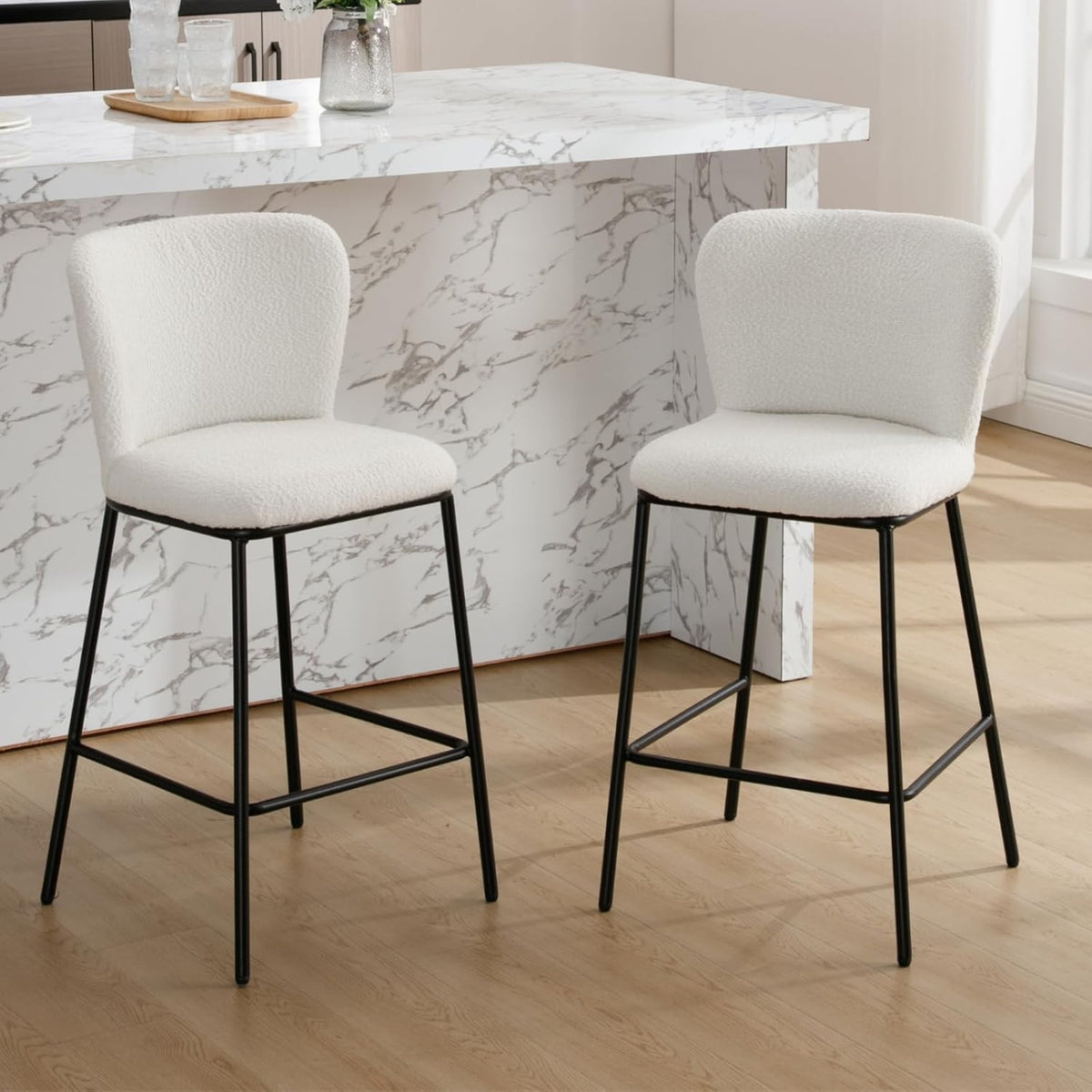 White Faux Fur Bar Stool Set 2 – Upholstered High Counter Kitchen island Chairs