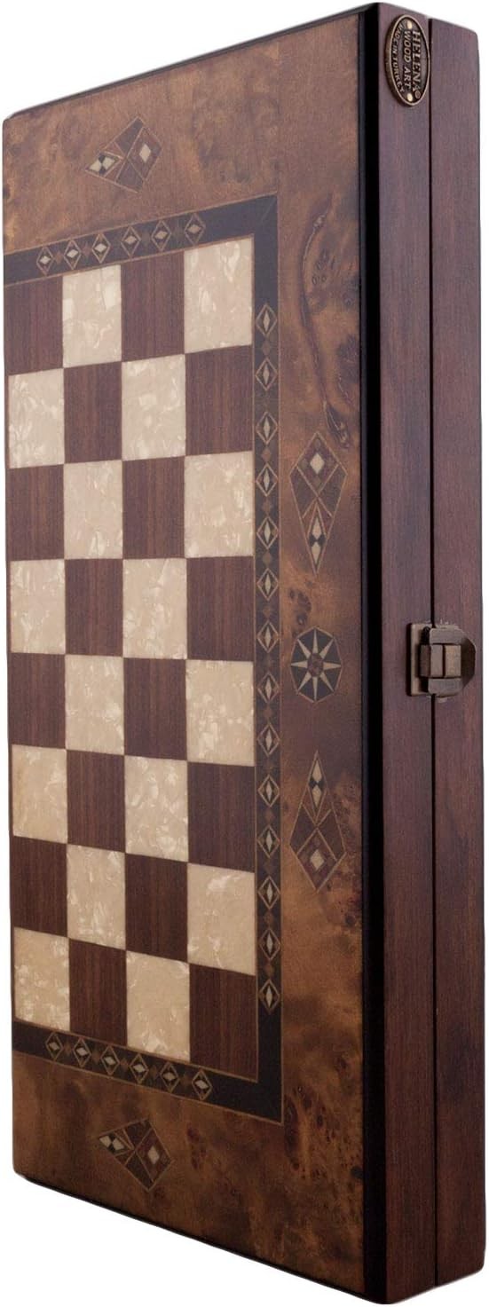 16” Wooden Backgammon Set Luxury Burl Finish Foldable Board Game