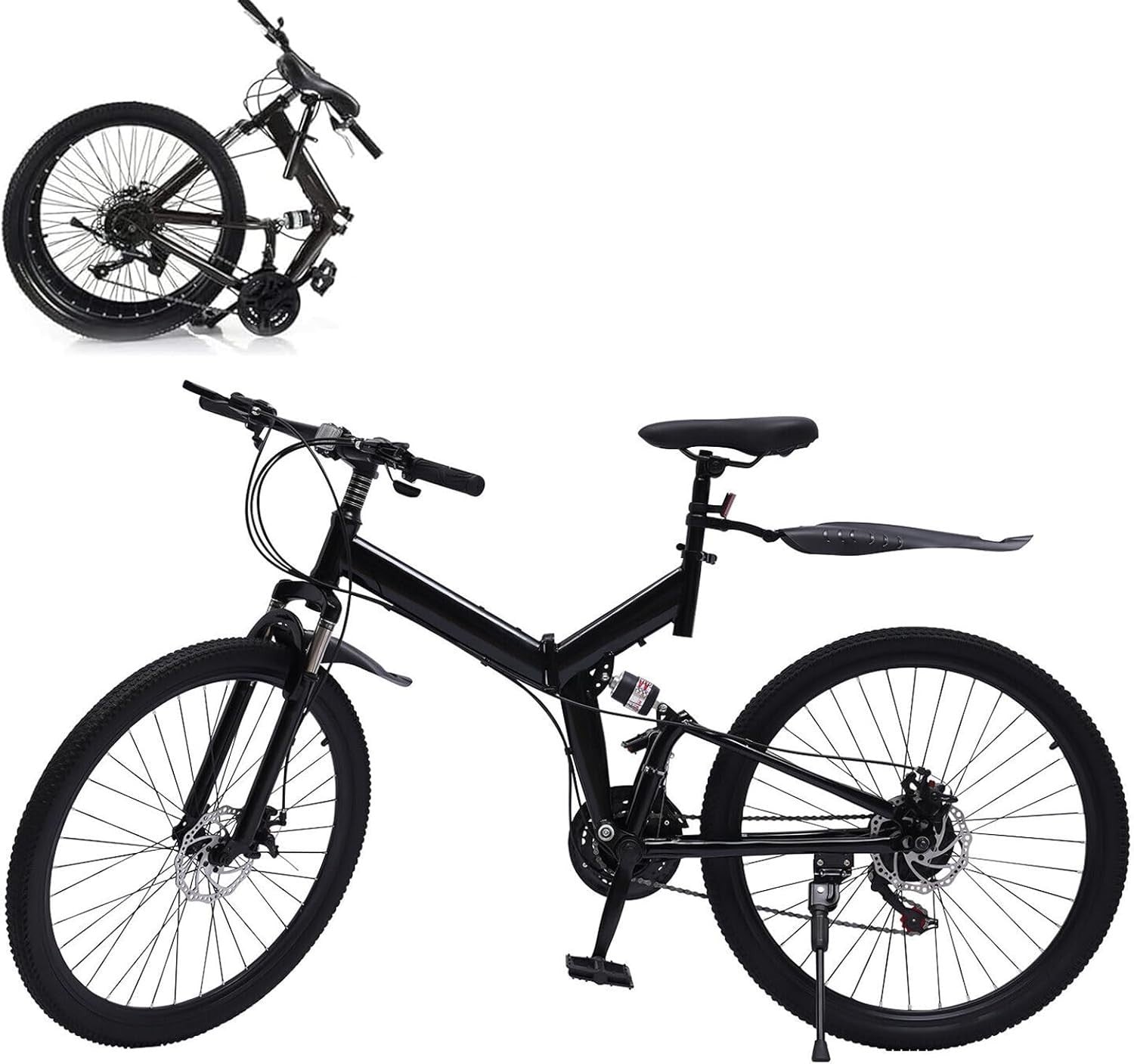 26" Folding Mountain Bike 21 Speed Disc Brakes Carbon Steel Frame Mudguard