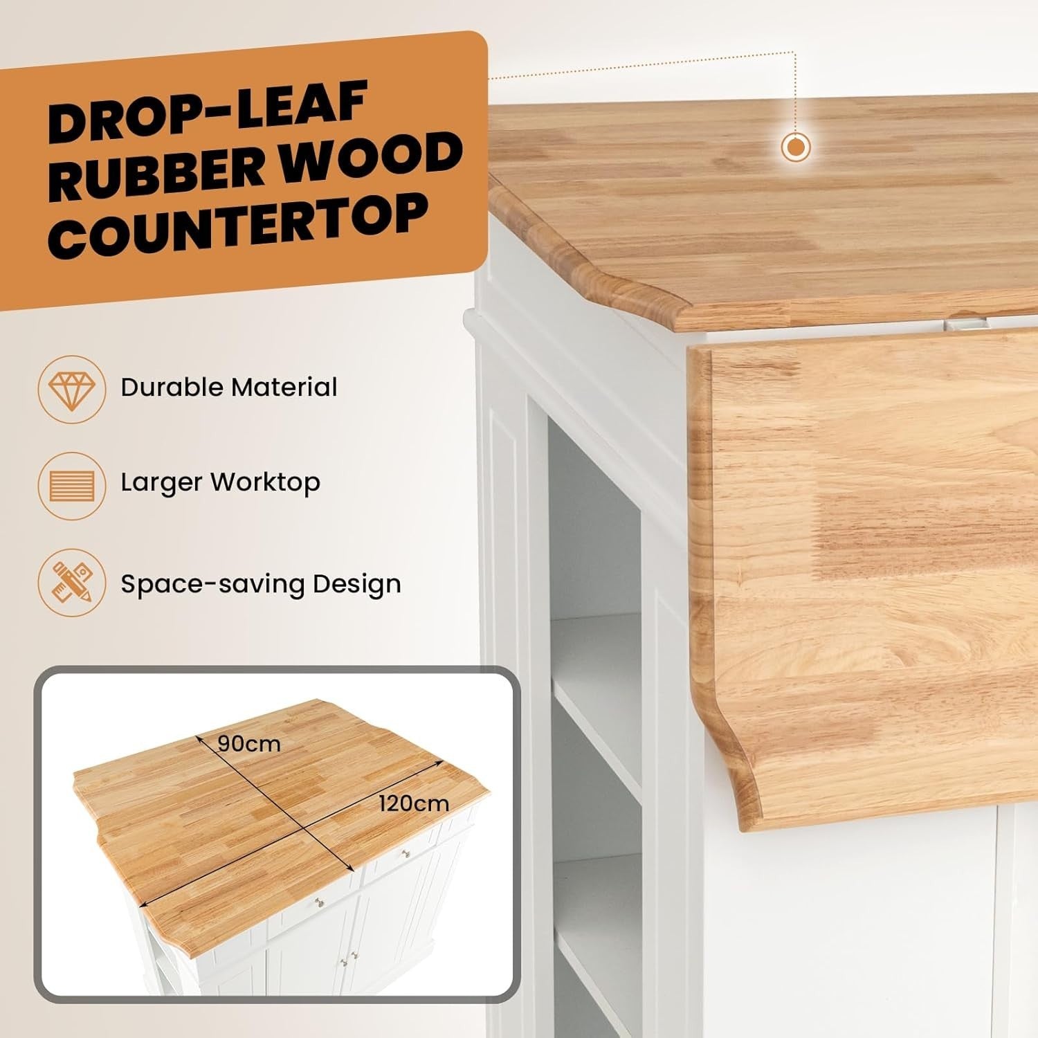 Extendable Kitchen Island Cart with Adjustable Shelves, Drawers & Side Racks.