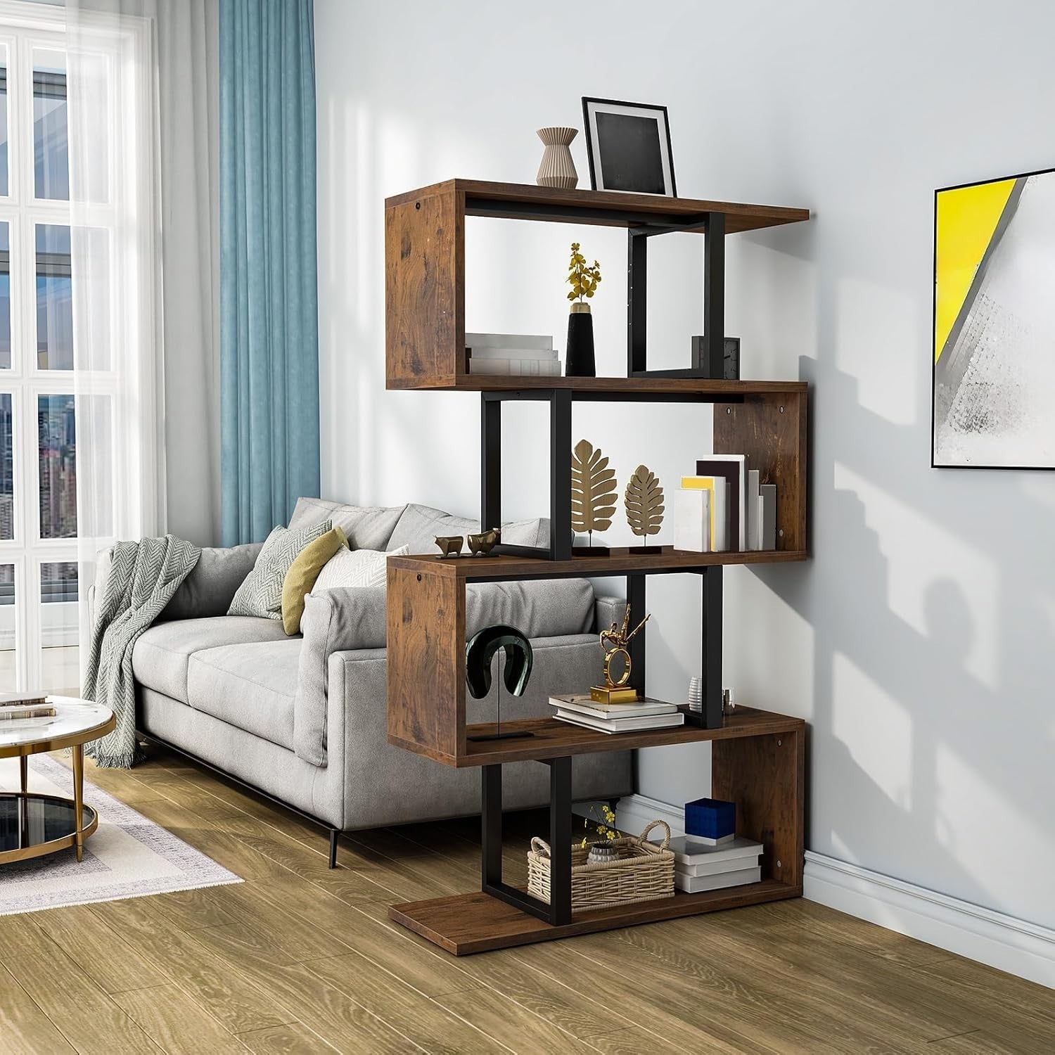 5 Tier S Shaped Bookcase Brown Metal Frame Modern Freestanding Display Shelf