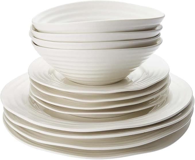 12 Piece White Porcelain Dinner Set Plates Bowls Modern Ribbed Tableware
