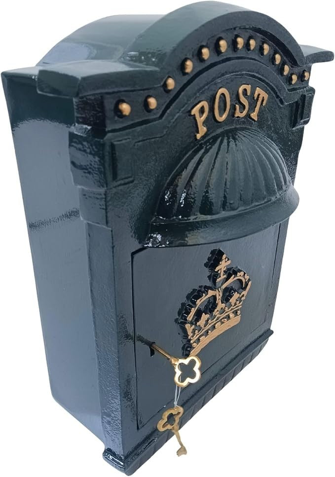 Vintage Cast Iron Wall Post Box Green Gold Lettering Lockable Secure Mailbox