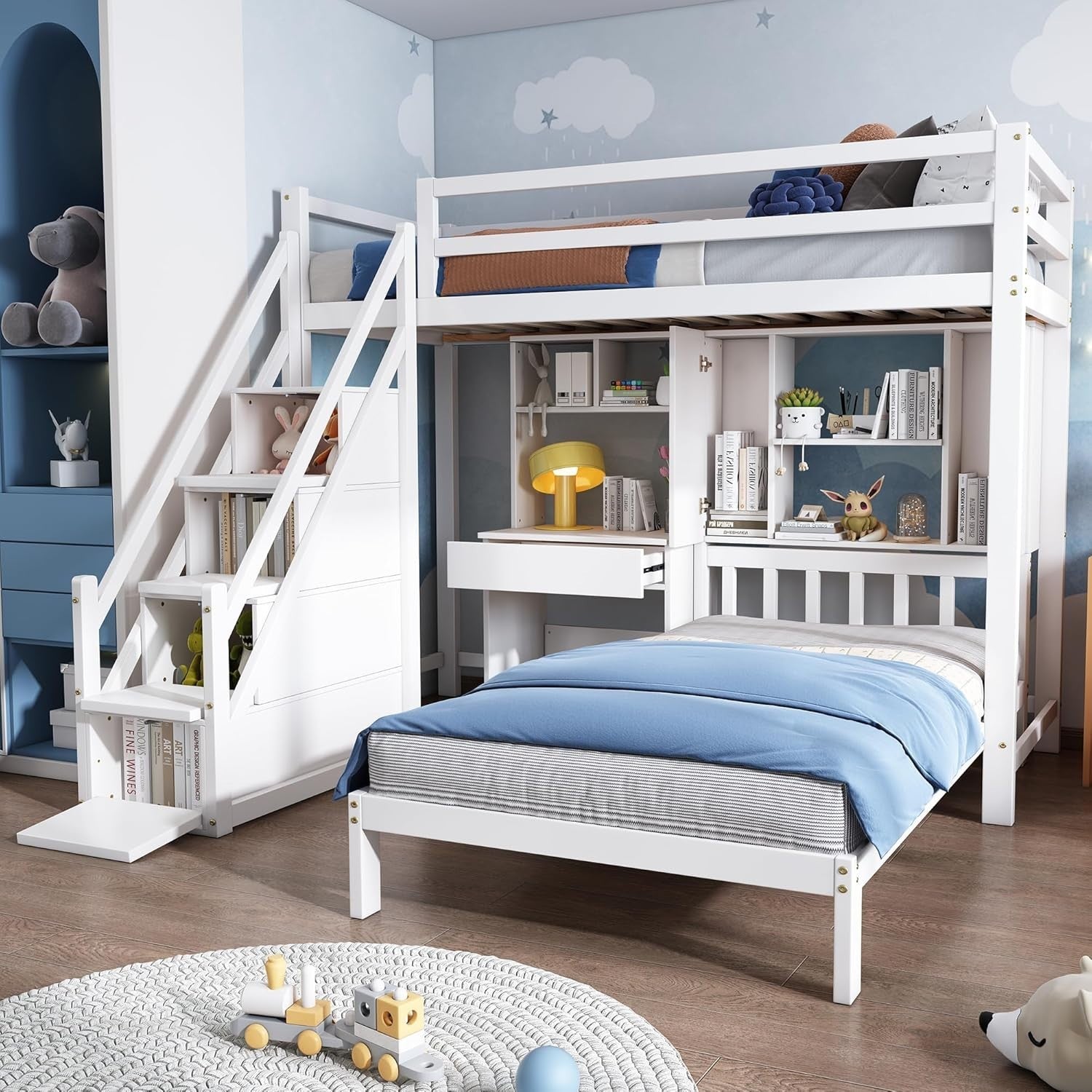 Kids Pine Wood Bunk Bed with Storage Ladder, Desk & Shelves 204x175cm