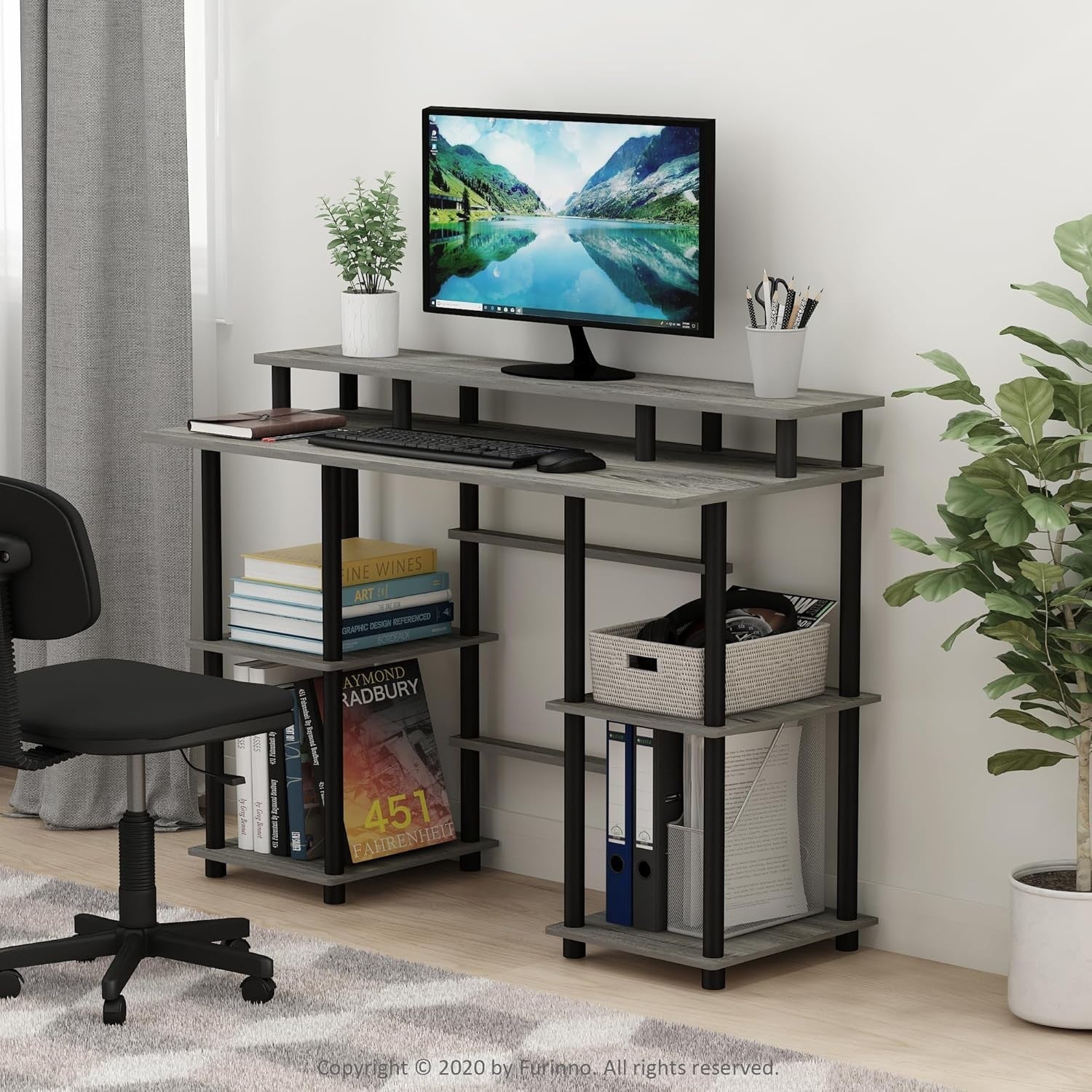 Compact Computer Desk with Shelves, Modern Oak Office Table 113x48x86cm