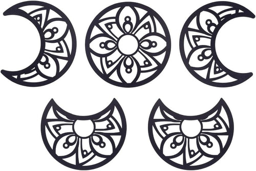 5pcs Moon Phase Wall Decor Boho Wood Flower Hanging Art Black