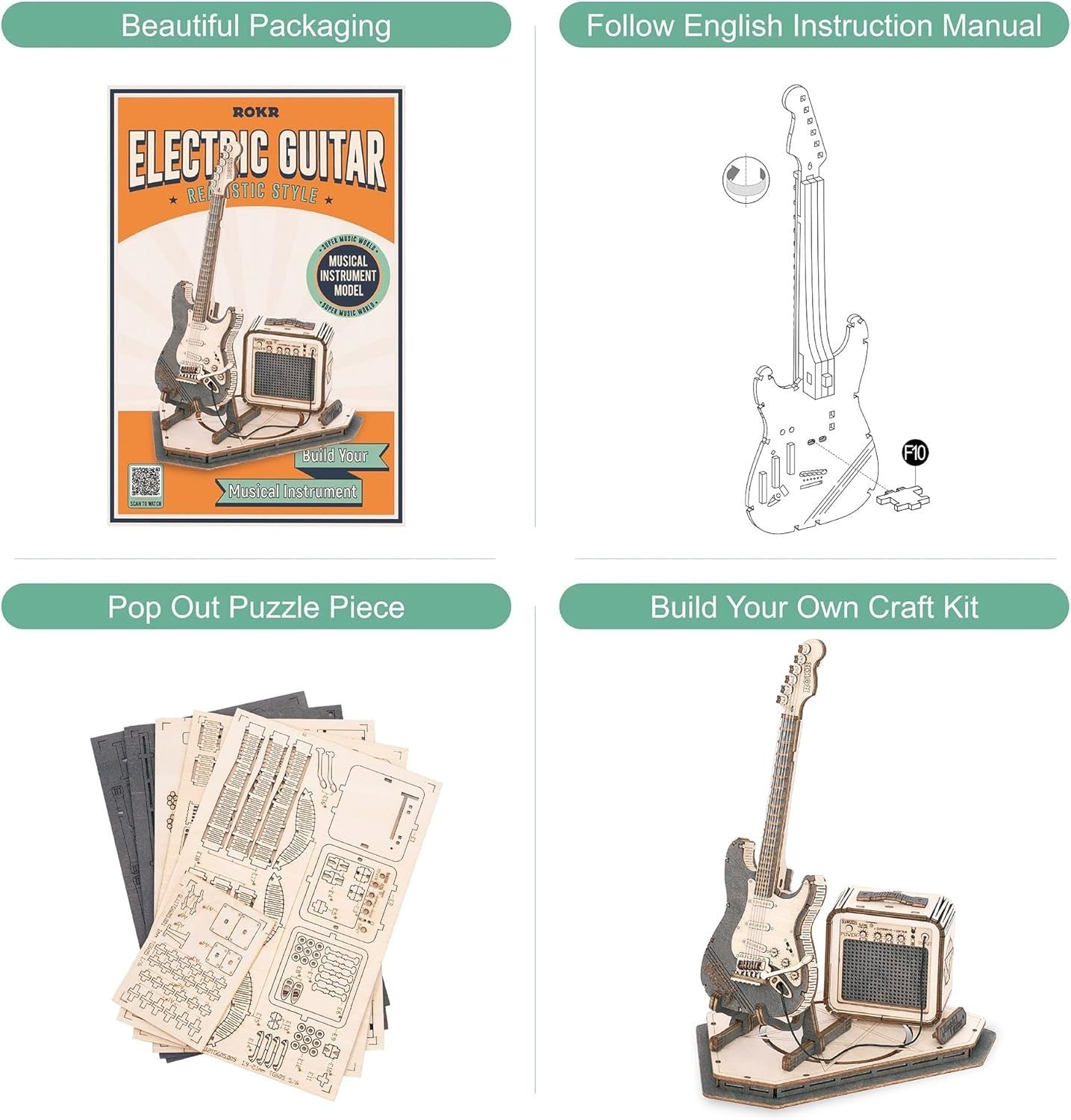 3D Wooden Guitar Puzzle Model Kit – DIY Craft, Musical Instrument Decor