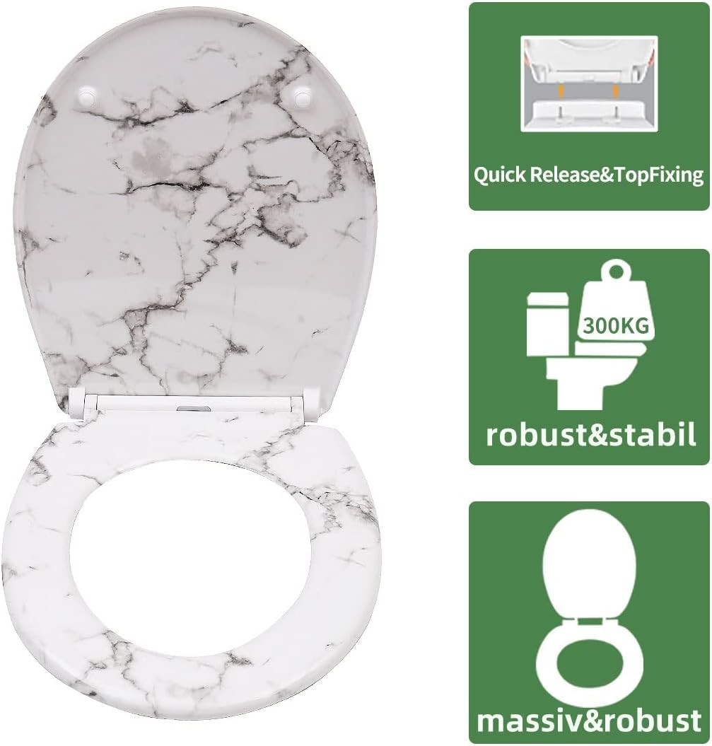 Soft Close Toilet Seat White Marble Quick Release Top Fixing Duroplast 45x37cm