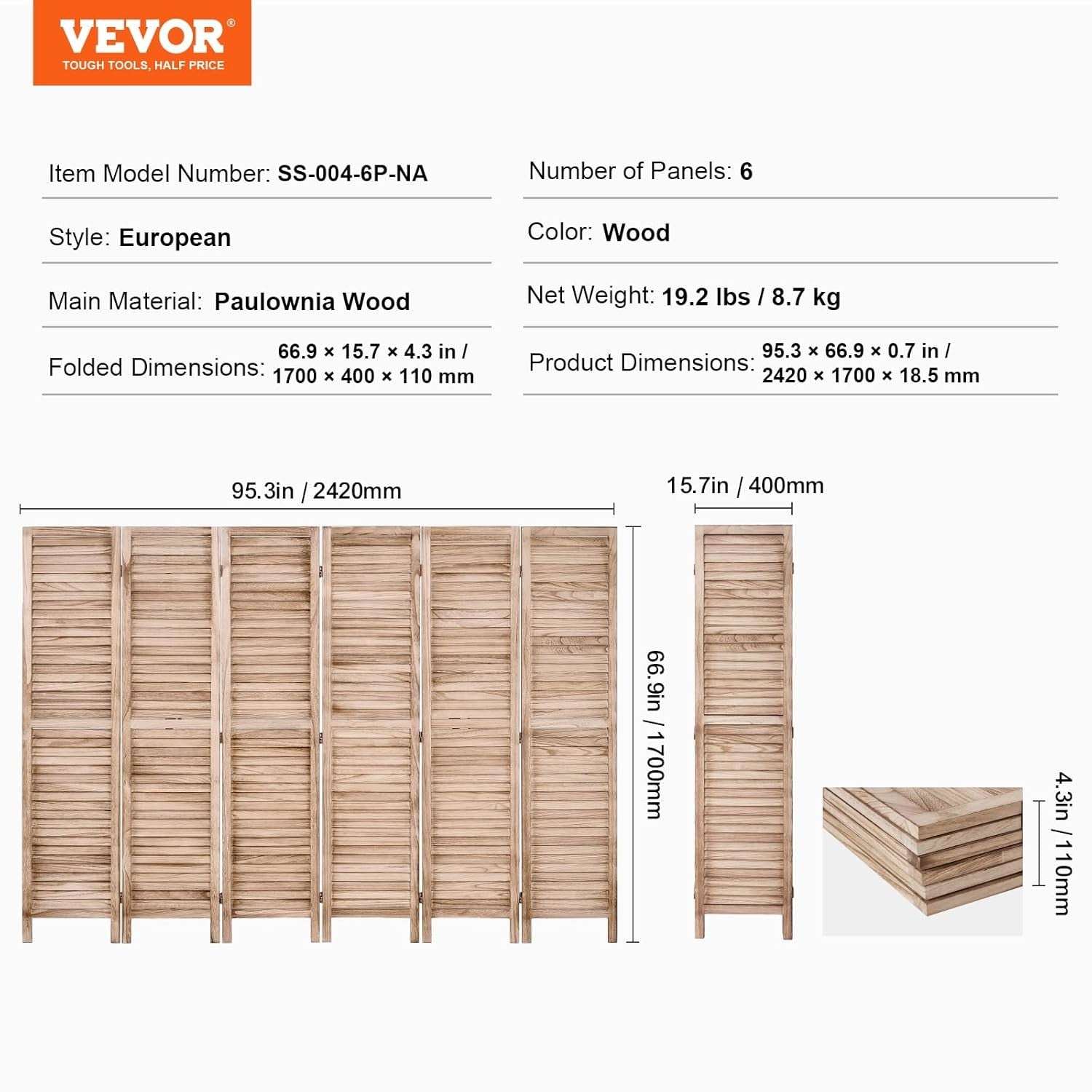 6 Panel Wooden Folding Room Divider Natural Privacy Screen 240x170cm