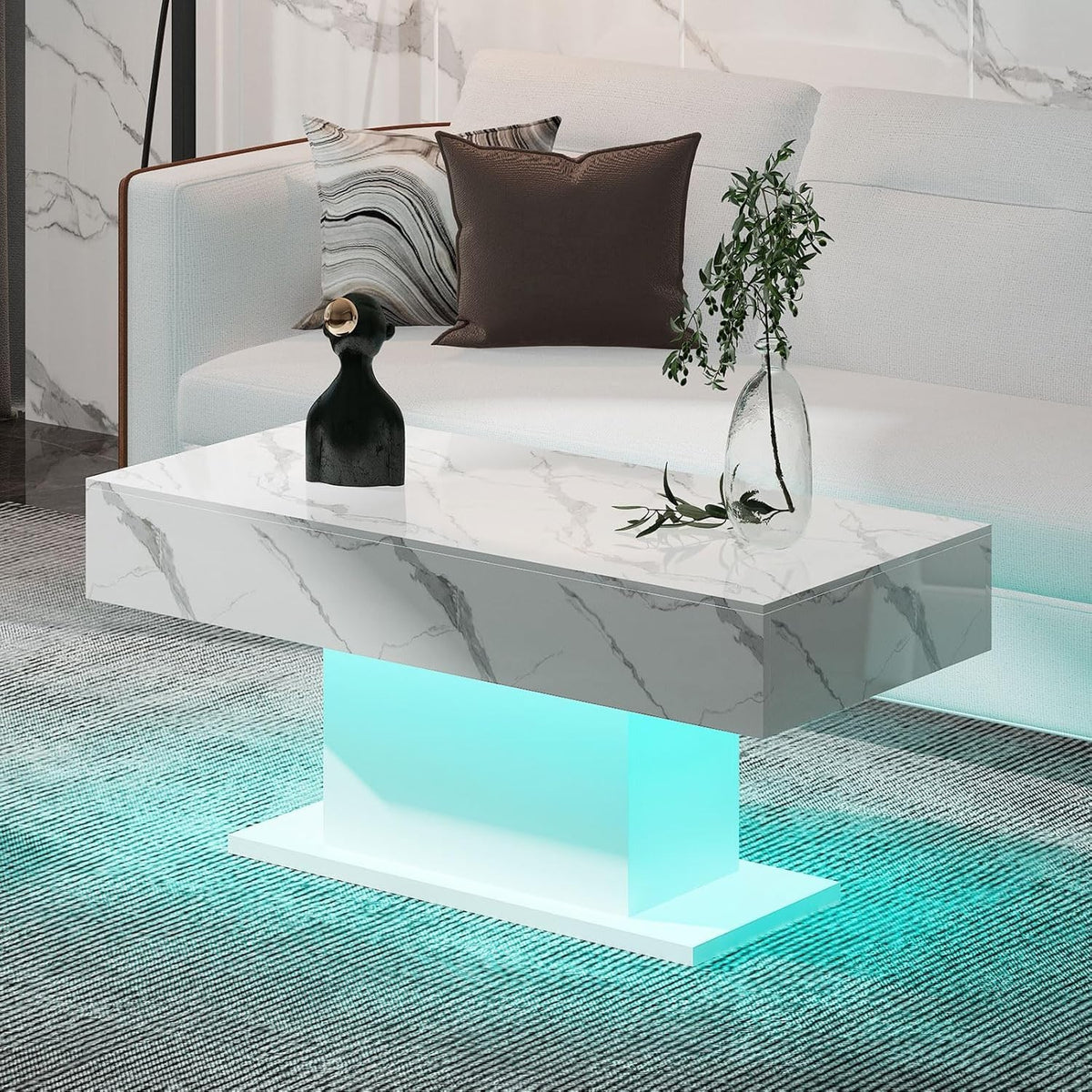 White Marble LED Coffee Table, High Gloss Rectangular 110x55cm