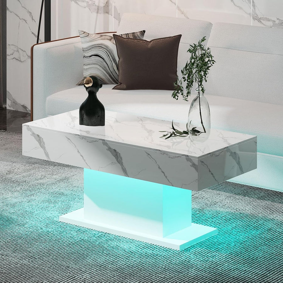 White Marble LED Coffee Table, High Gloss Rectangular 110x55cm