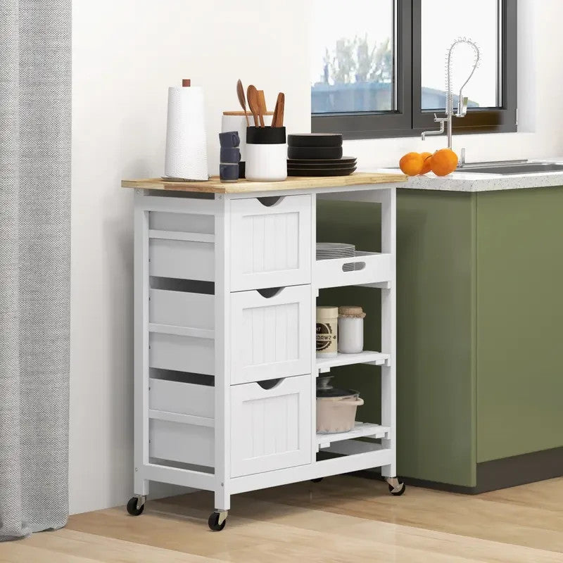 White Kitchen Island Cart with Drawers Shelves Tray & Wood Top on Wheels