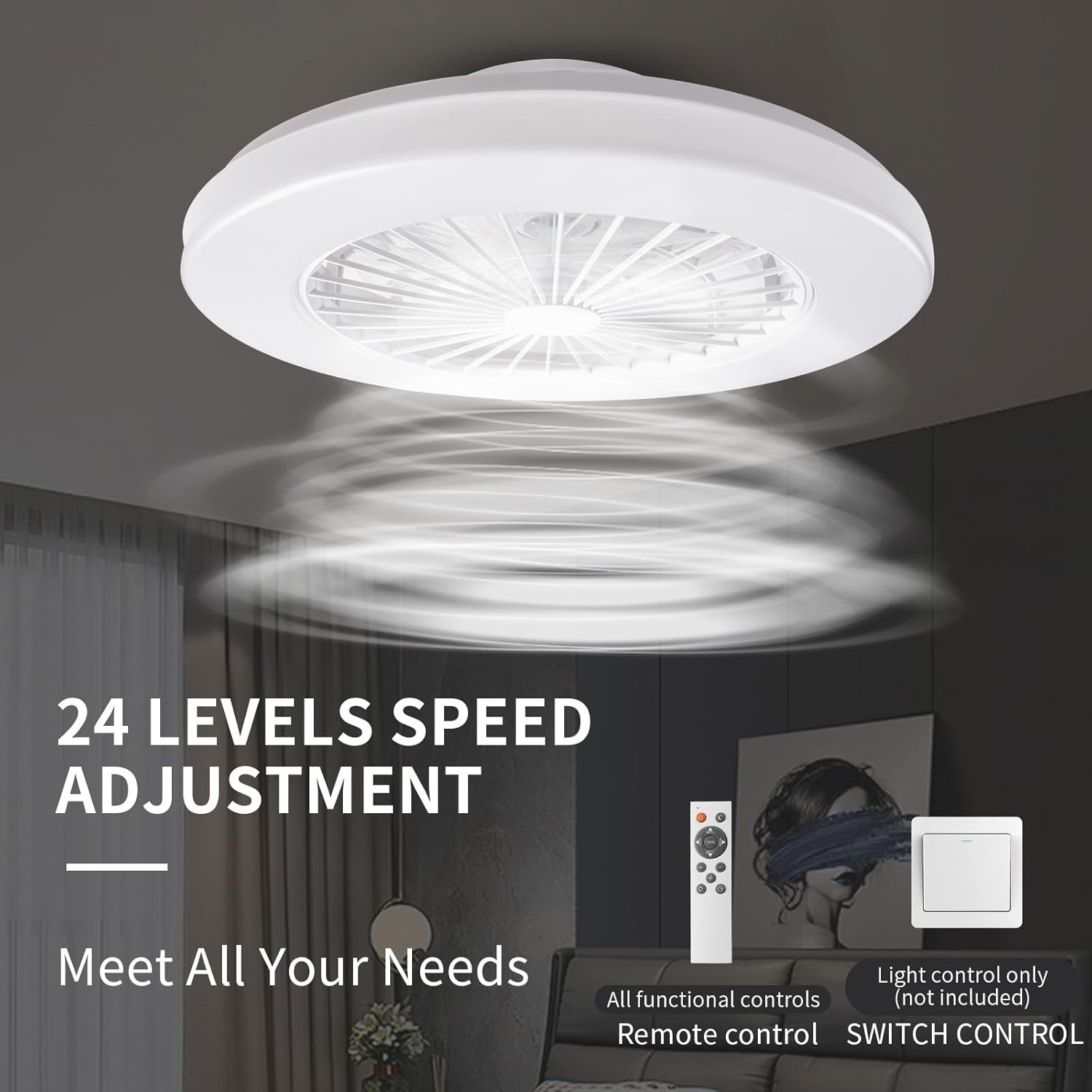 48cm LED Ceiling Fan Light, 24 Speeds, Dimmable 3000K-5500K, Remote, White