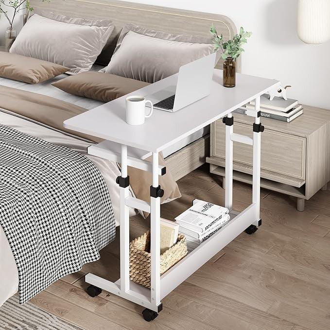 Rolling Study Desk White with Keyboard Tray Height Adjustable Work Table