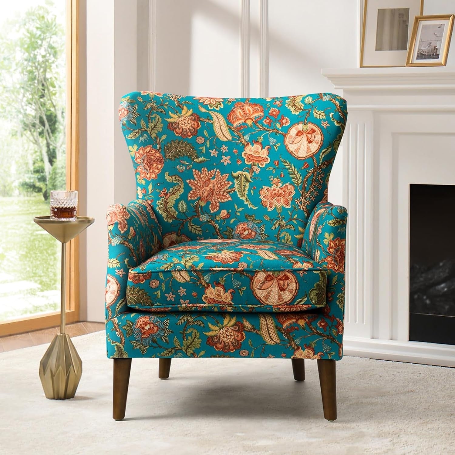 Teal Floral Wingback Armchairs Set of 2 – Classic Lounge Chairs