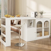 360° Rotating Bar Table with Glass Door Storage & Shelves – White, 120cm