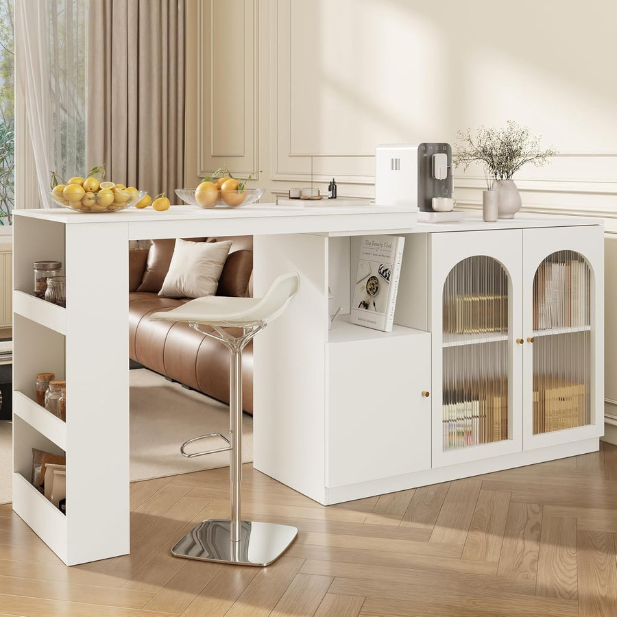 360° Rotating Bar Table with Glass Door Storage & Shelves – White, 120cm