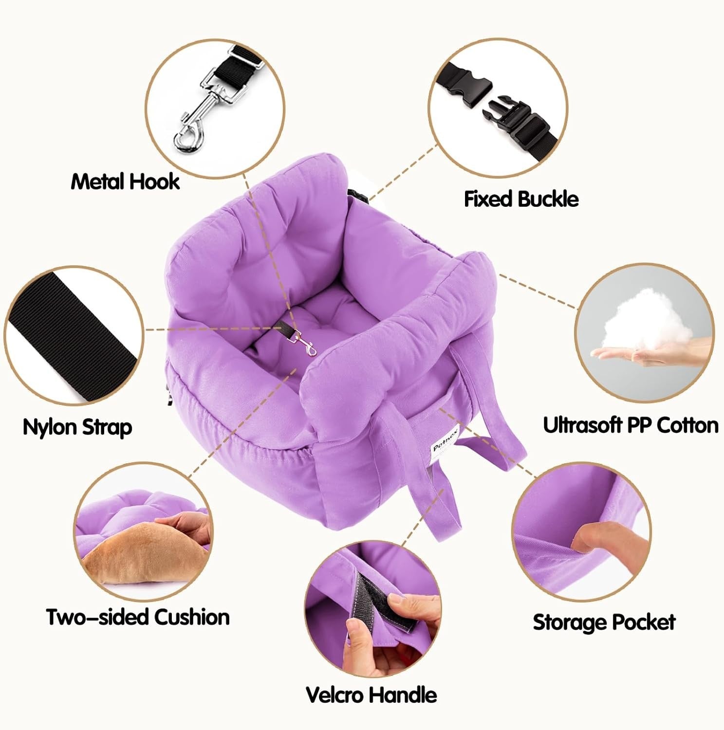 Dog Car Booster Seat Pet Carrier Travel Bed Safety Leash Purple Small