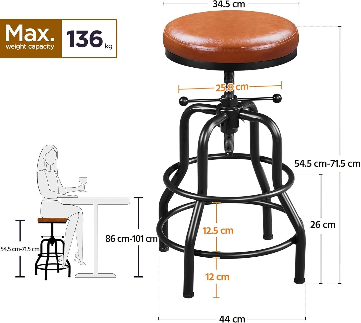 2PCS Light Brown Adjustable Bar Stool 44cm Dia Modern Kitchen Chair