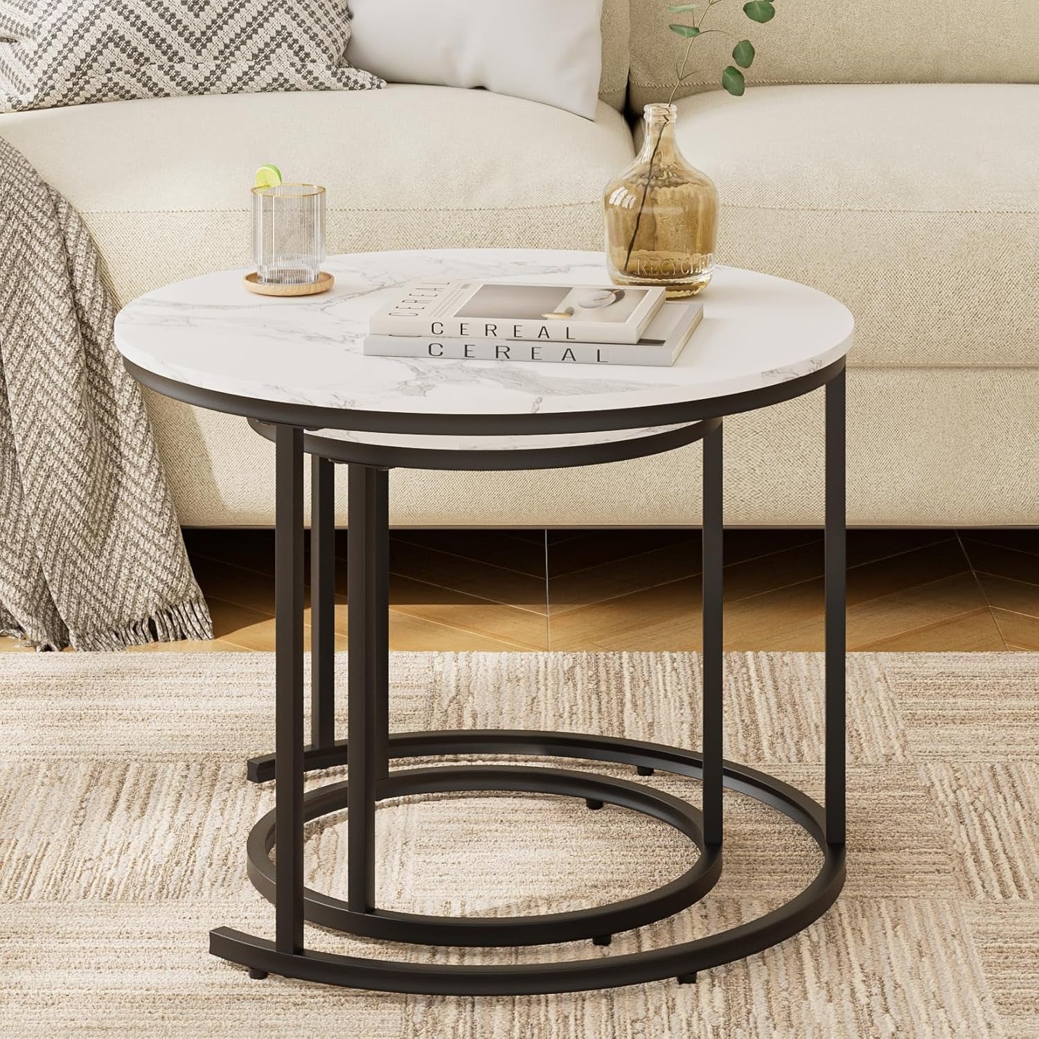 Round Nesting Coffee Tables Set of 2 – Space-Saving Living Room Tables, Modern
