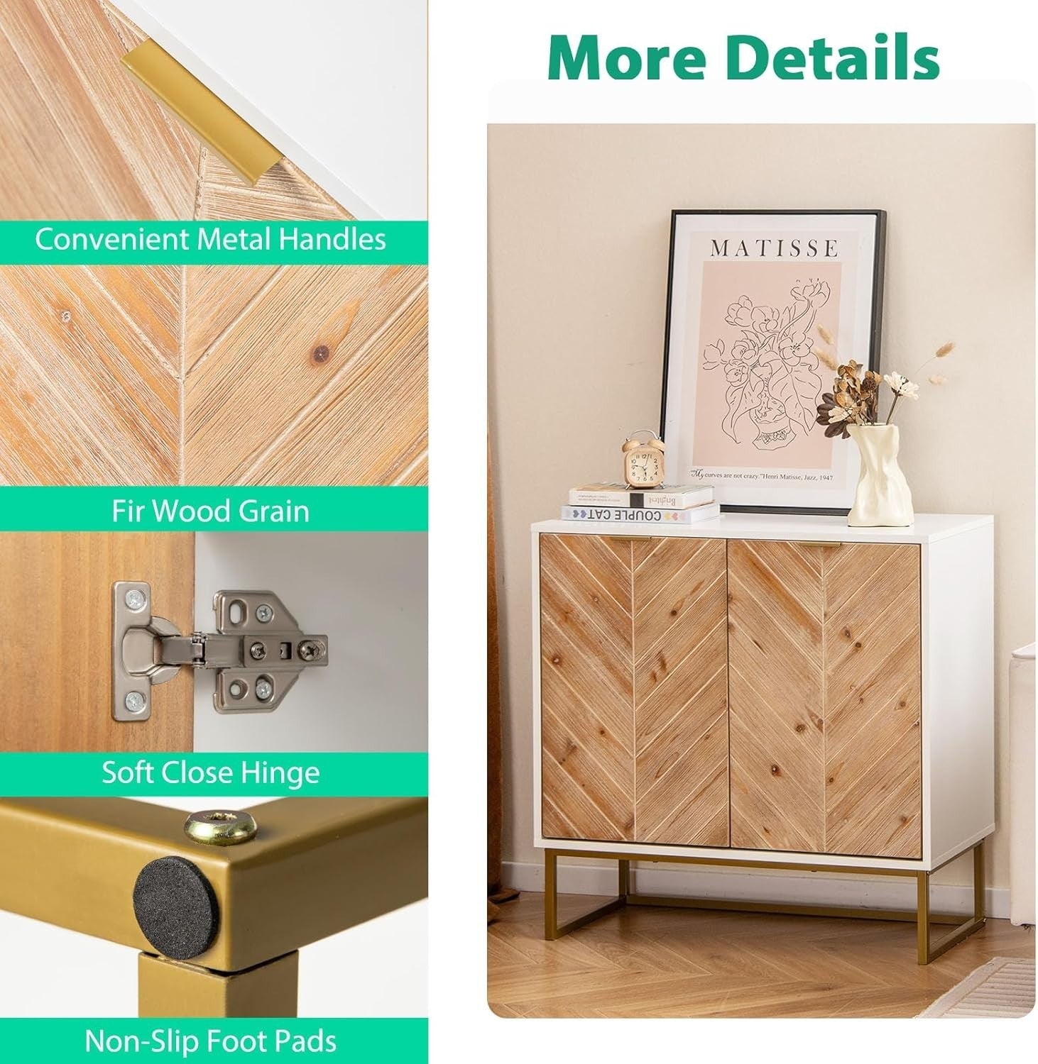 White 2 Door Sideboard Cabinet with Storage, Metal Legs, Modern Console