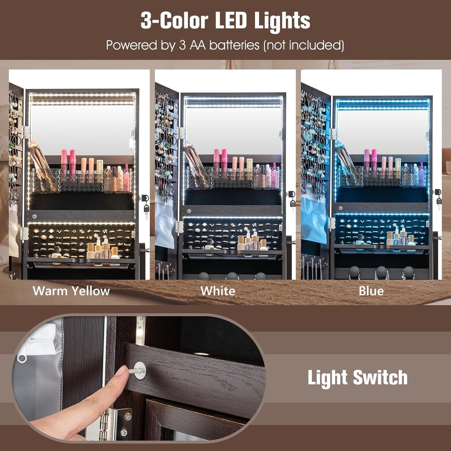 Brown LED Jewellery Cabinet Lockable Full Length Mirror Mobile Storage