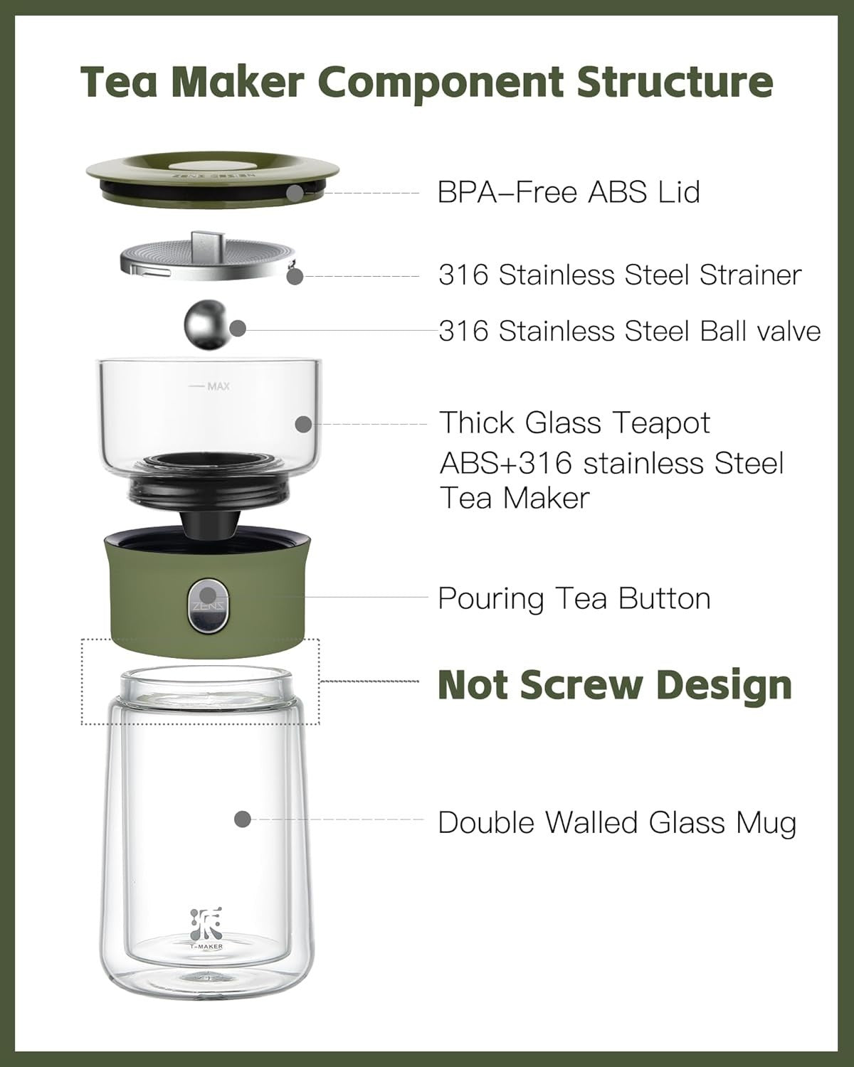 Smart Tea Maker 270ml One Touch Glass Infuser Set with Cup & Case
