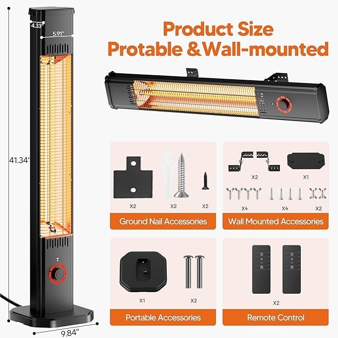 Patio Heater 2000W Infrared Wall Mounted Outdoor Indoor Fast Heating Remote