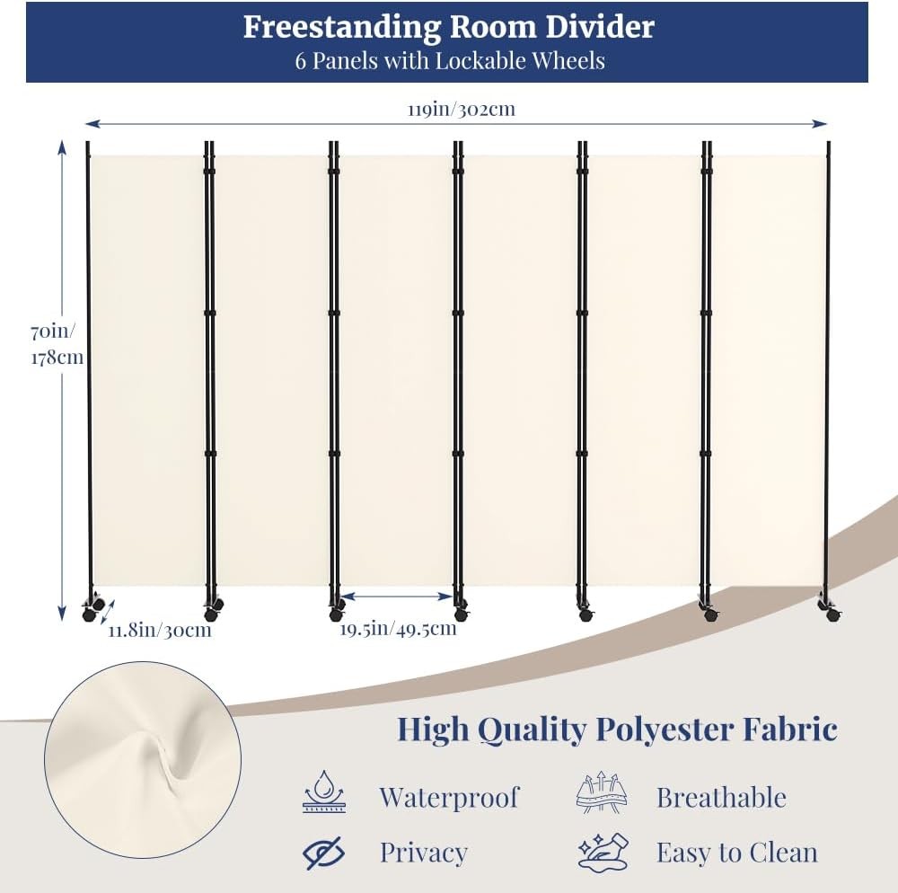 6 Panel Beige Folding Room Divider with Lockable Wheels 119x70 Inch