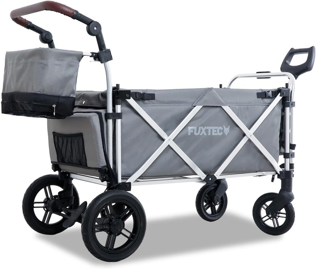 Grey All-Terrain 2-Seater Folding Kids Wagon Push Pull Stroller w/ Roof