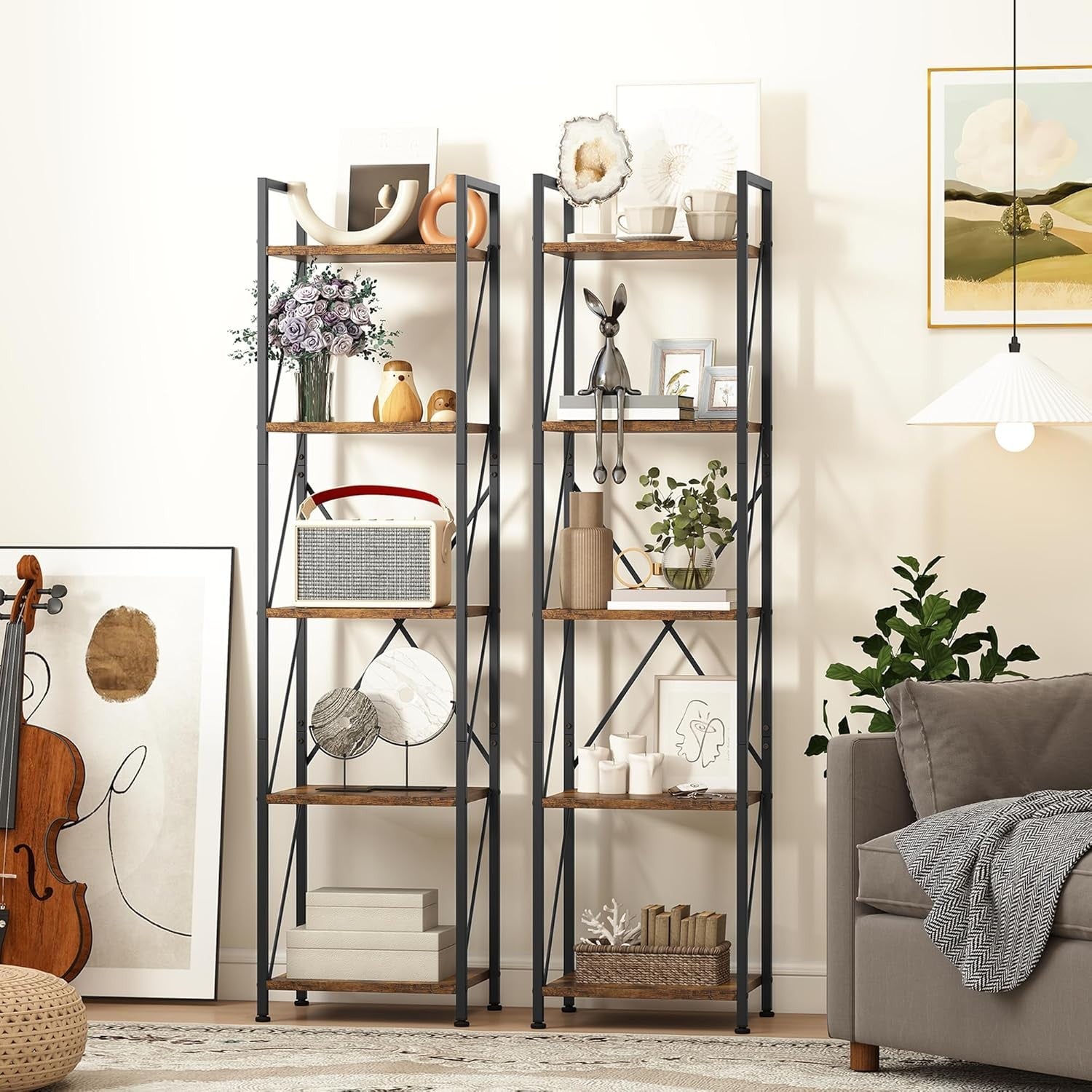 5-Tier Industrial Bookshelf | Metal Frame Rustic Wood Shelves Tall Display Unit