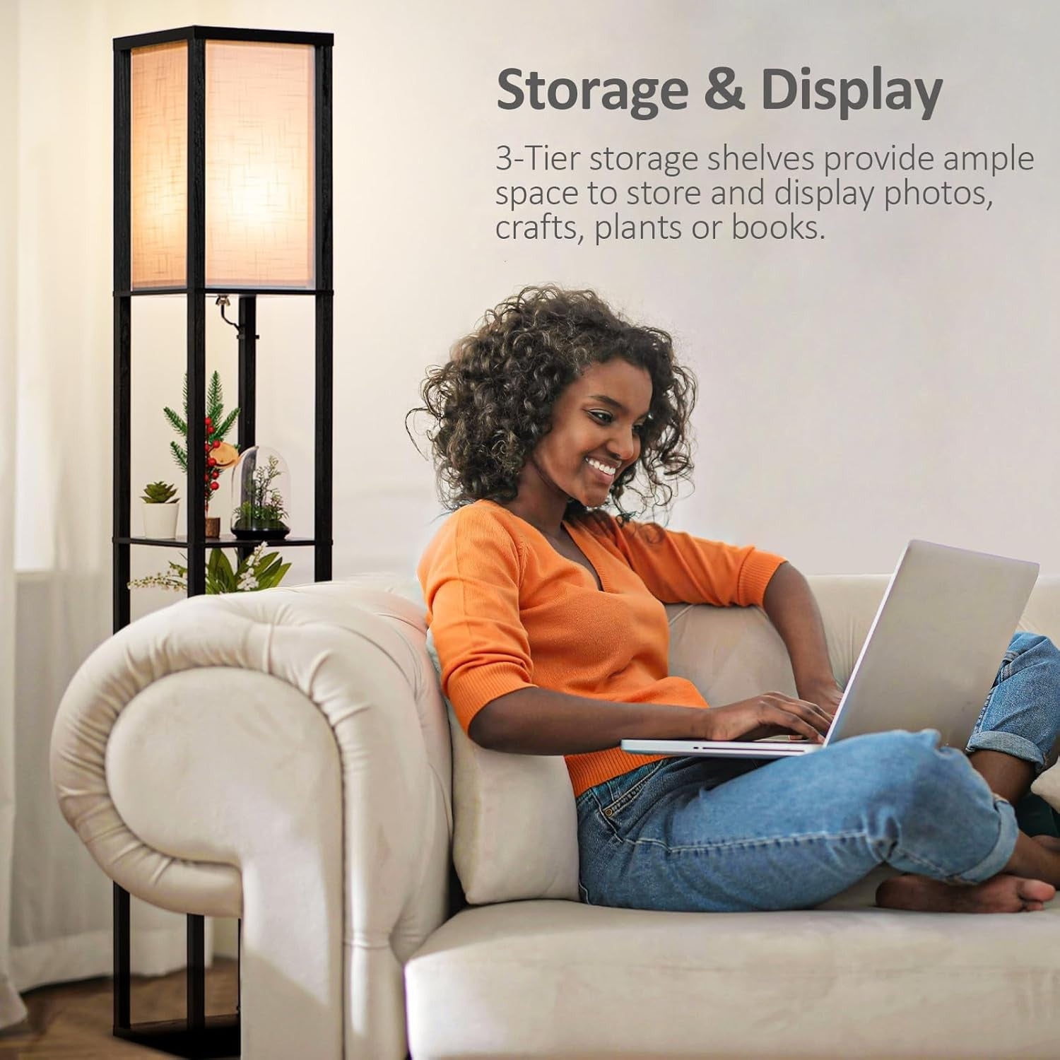 Floor Lamp with Shelves Wooden Standing LED Light Storage Display Black