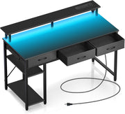 Black 120cm Computer Desk with Drawers, LED Lights & Power Outlets