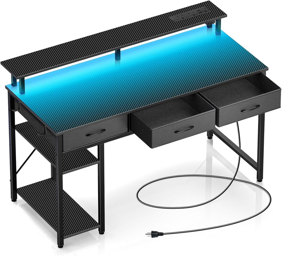 Black 120cm Computer Desk with Drawers, LED Lights & Power Outlets
