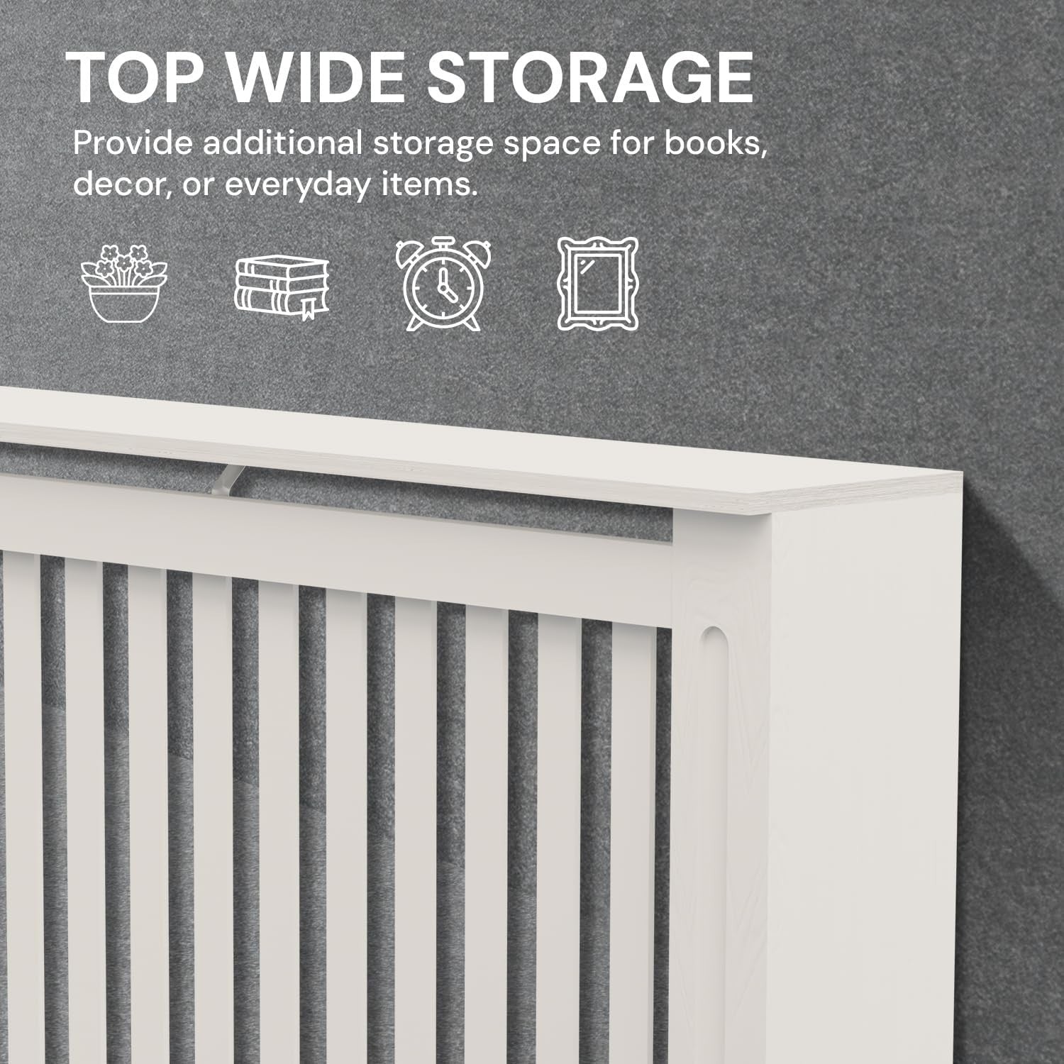 Medium Radiator Cover White Slat MDF Modern Heater Cabinet Shelf Space Saving