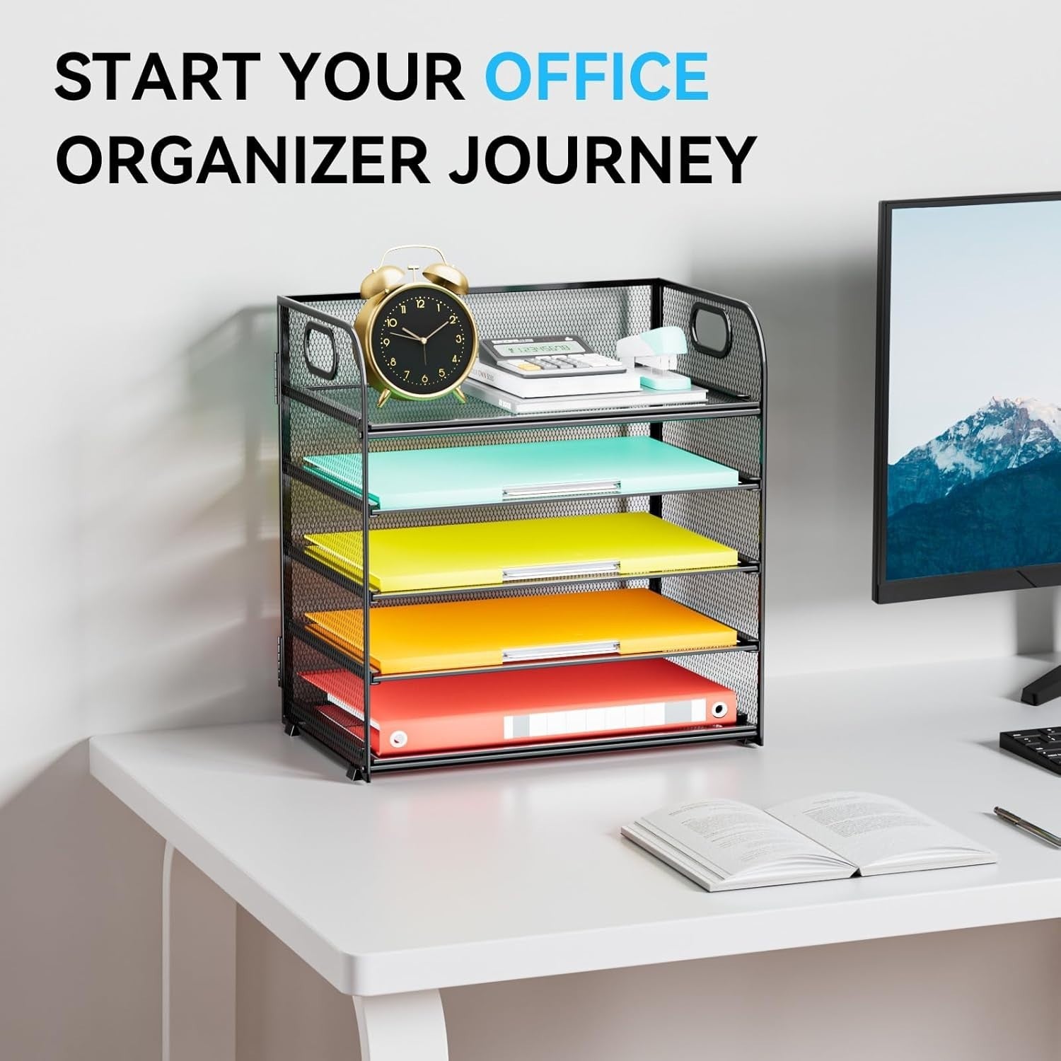 5-Tier Metal Desk Organizer | Letter/A4 File Tray Holder | Black Mesh