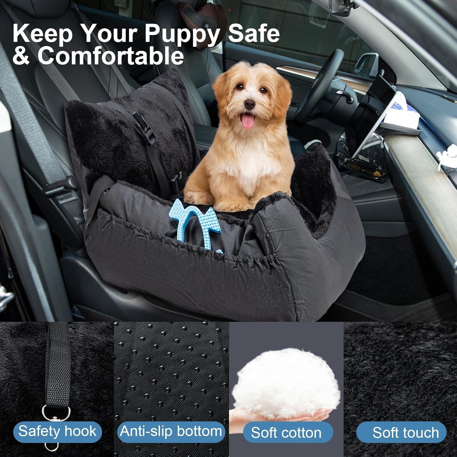 Plush Dog Car Seat Small Pet Travel Bed Safety Leash Non Slip Black