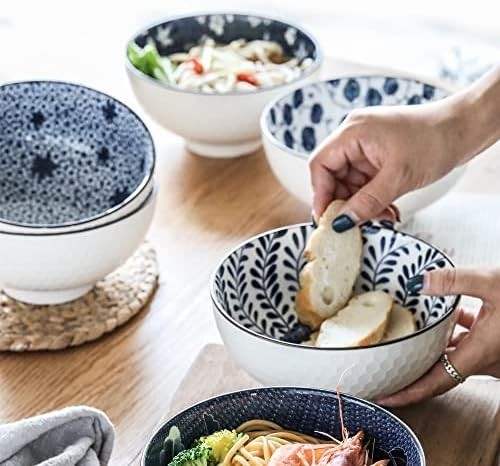 Japanese Ceramic Cereal Bowls Set of 6 – Microwave & Dishwasher Safe, 24oz